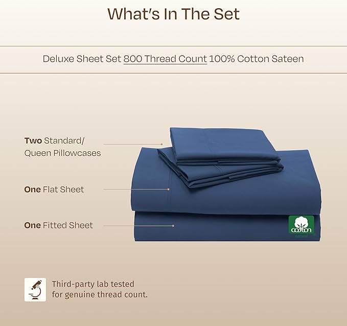 California Design Den Natural 100% Cotton Queen Sheet Set - Luxury Hotel 800 Thread Count Sateen, Soft and Durable Deep Pocket Cooling Sheets with Anti-Skid Elastic - Navy Blue