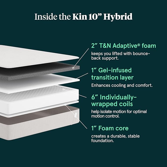Tuft & Needle Kin Medium Plush 10" Cal King Hybrid Mattress, Cooling, Pressure Relief, and Individually-Wrapped Coils, 100 Night Trial, Fiberglass-Free, CertiPUR-US, 10-Year Limited Warranty