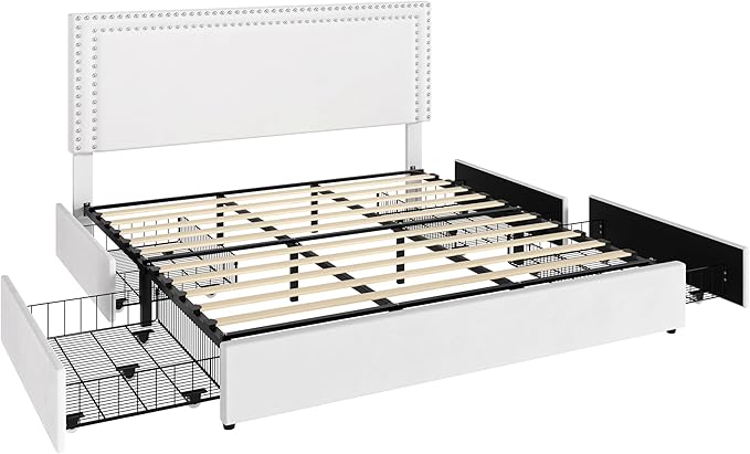 VECELO King Size Upholstered Platform Bed Frame with 4 Storage Drawers, Adjustable Velvet Rivet Decor Headboard, Wooden Slats Support, No Box Spring Needed, Easy Assembly