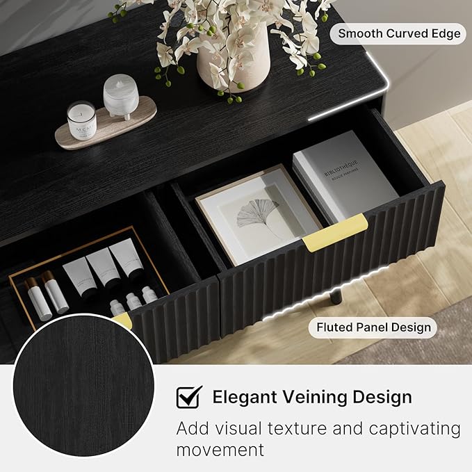 LYNSOM 55" Wide Fluted Dresser for Bedroom with 7 Drawer, Modern Chest of Drawers with Curved Profile Design and Metal Handles, Wood Dresser TV Stand & Storage Organizer for Living Room, Black