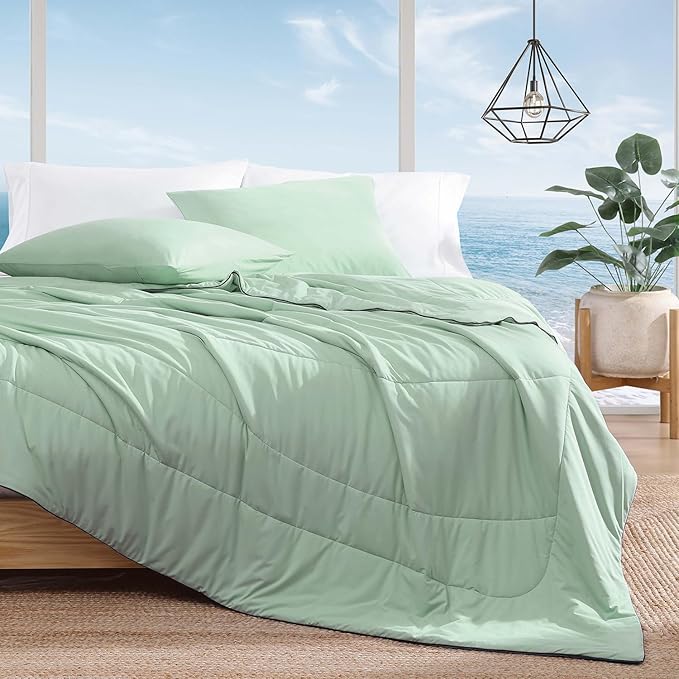 Monbix ChillChilla Cooling Comforter King Size-3 Pieces Cooling Blankets for Hot Sleepers and Night Sweats, Double-Sided Summer King Size Comforter Set, Breathable Lightweight Blanket Grey Green