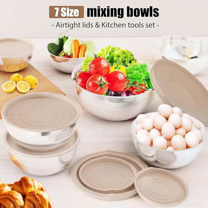 7-Piece Stainless Steel Mixing Bowls Set with Lids & 3 Grater Attachments – Size 4.5, 4, 3.5, 2.1, 1.5, 1.1, 0.7QT, Kitchen Gadgets Set for Cooking, Baking, and Serving, Khaki