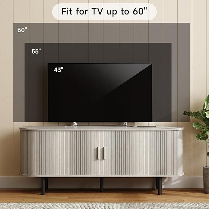 55" TV Stand with Power Outlet for TVs up to 60 Inch, Entertainment Center with Storage and Adjustable Shelves, Modern Media Console with Sliding Doors for Living Room, Natural White