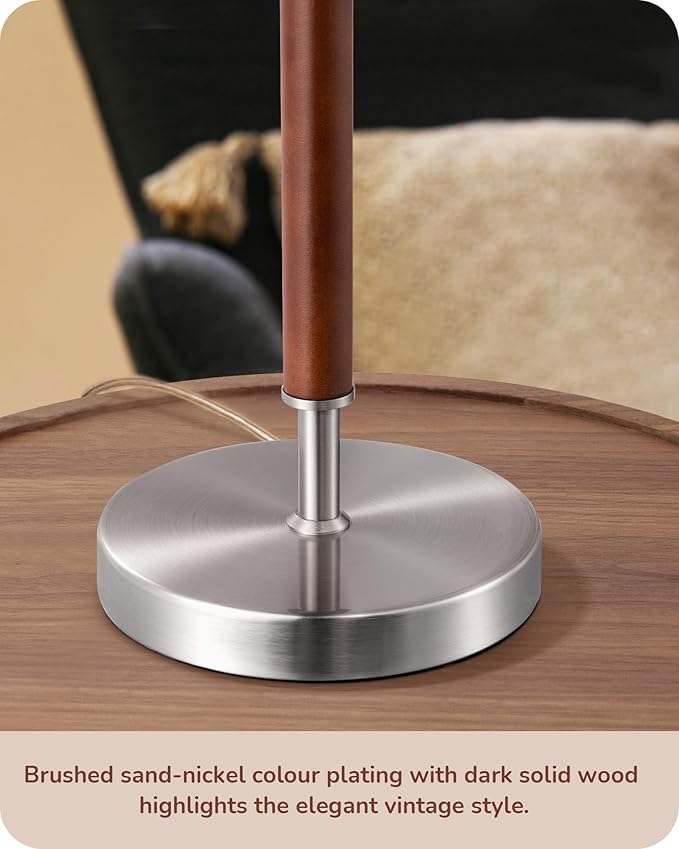 EDISHINE Mid Century Table Lamp Set of 2, Pull Chain Switch Bedside Lamp, Linen Shade, Solid Wood Pole & Brushed Nickel Metal Base, Modern Nightstand Lamp for Bedroom, Living Room, Office, E26 Base