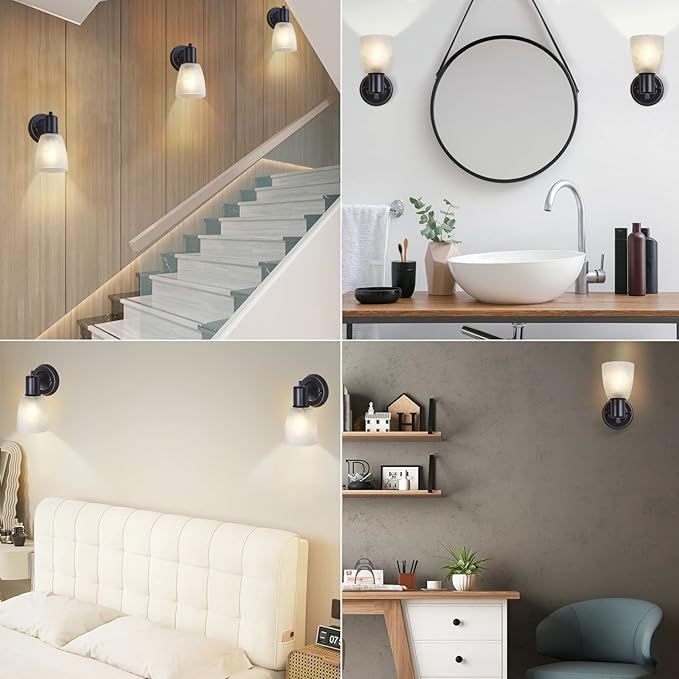 Wall Sconces Set of 2, Matte Black Vanity Lights for Bathroom, Modern Wall Light Fixtures with Rotary Switch, Wall Mount Light with Frosted Glass, Farmhouse Wall Lamp for Bedroom Mirror Living Room