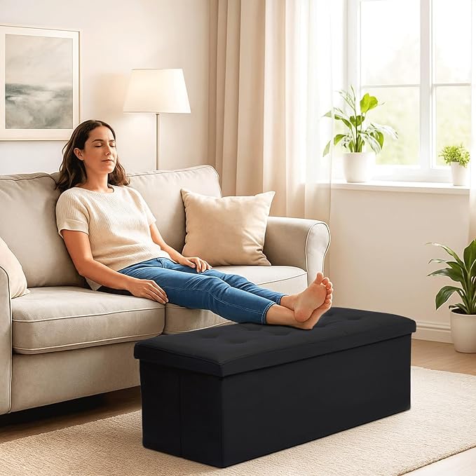 Storage Ottoman Bench, 43 Inch Ottoman Foot Rest, End of Bed Bench, Storage Chest, Load 700 lb, for Living Room, Bedroom, Entryway, Black