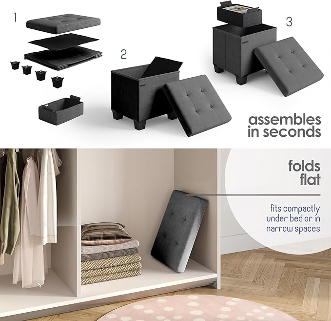 STORAGEBUD Storage Ottoman Cube with Small Bin, 15-in Square Ottoman with Storage for Living Room and Bedroom, Small Ottomans Foot Rest, Velvet Foot Stools Ottomans Max 330lbs, Grey