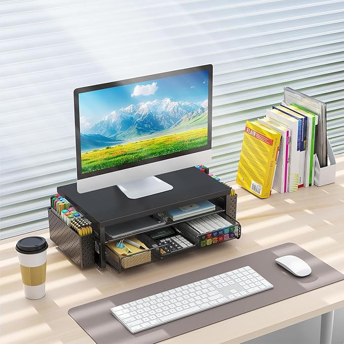 gianotter Wood Monitor Stand Riser, Office Desk Shelf Organizer, Desk Organizer with Drawer and Pen Holder, 2-Tier Computer Stand, Office Organization (Ink)