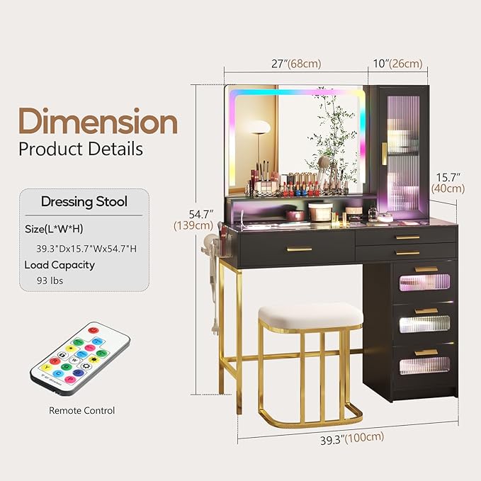 RGB Vanity Desk with Mirror and Lights, Glass Top Makeup Vanity with 6 Drawers & Wireless Charging,Vanity Table Set with RGB Cabinet Light and Jewelry Box, for Girls Bedroom,Black