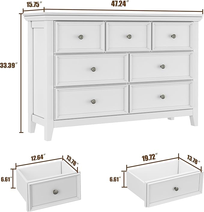 BLANKSPACE White 7 Drawer Dresser, Modern Dresser for Bedroom, Wood Drawer Organizer with Metal Knobs, Large Capacity Wood Cabinet for Bedroom