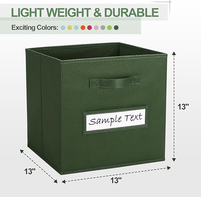 artsdi 13x13x13 storage cube bins (Set of 10) Fabric storage cubes with 10 Labels Window Cards & a Pen, storage cubes 13x13, Collapsible 13 inch cube storage bins, Cubby Organizer Boxes, Dark Green