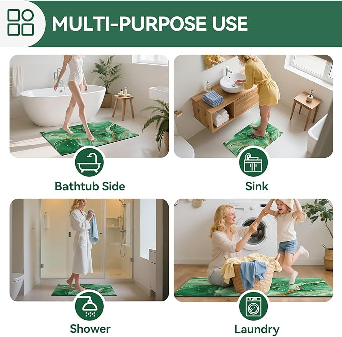 Non Slip Bath Mat Ultra Thin Bathroom Rug Fit Under Door, Rubber Backing Quick Dry Super Absorbent Washable Shower Bath Mats Green 20x32