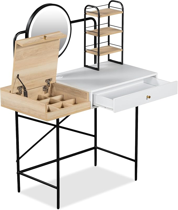 40" Makeup Vanity Desk with 3 Lighting Modes Adjustable Brightness & Power Outlet, Vanity Table with Drawer & 3 Open Shelves for Ample Storage Space, Dressing Table for Bedroom (White)