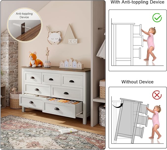 Wananlanen® Farmhouse Dresser for Bedroom, Antique Double Dresser & Chest of Drawer with Vintage Handle and Storage, Wooden Tall Rustic Organizer for Bedroom (Antique White, 7 Drawer)