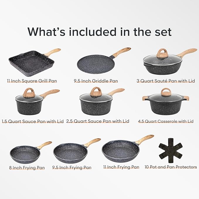 JEETEE Pots and Pans Set Non Stick 23pcs, Healthy Kitchen Cookware Sets, Induction Cooking Set W/Gray Frying Pans, Saucepans, Sauté & Griddle & Crepe Pan (PFOA, PFAS, PFOS Free)
