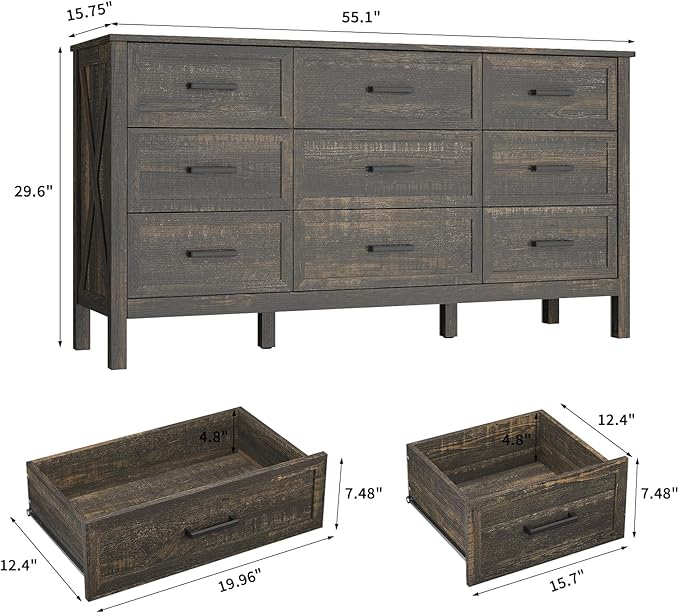 Farmhouse 9 Drawers Dresser for Bedroom, Wood Rustic Wide Chest with Natural Texture, Farmhouse Chest of Drawers for Bedroom, Hallway, Entryway, Dark Brown