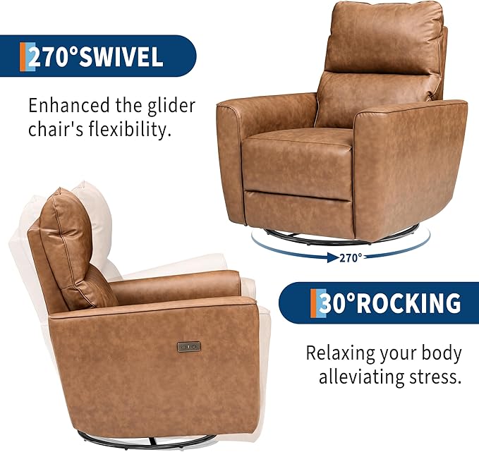 GarveeHome Power Recliner Chair Swivel Glider Upholstered Faux Leather Nursery Rocker Reclining Sofa Chair with Charging Port, Curved Armrests & Padded Backrest (Brown)