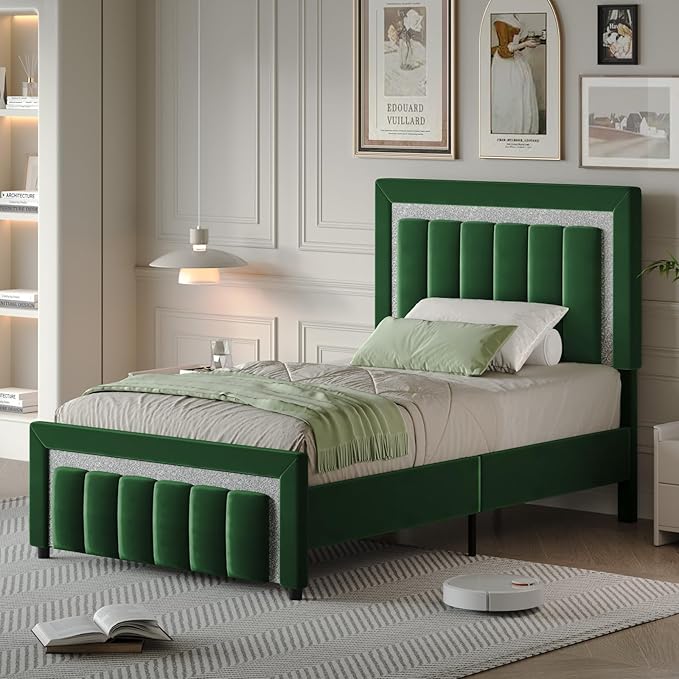 HOMBCK Twin Bed Frames, Twin Size Bed Frames with Upholstered Headboard and Footboard, Velvet Bed Frame with Wooden Salts, No Box Spring Required, Easy Assembly, Green