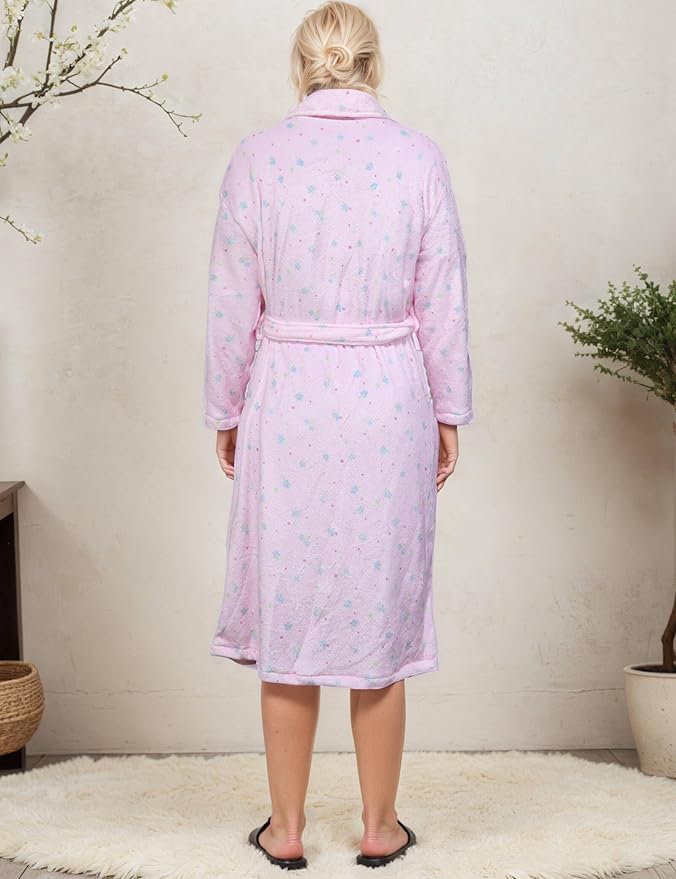 Women Fleece Floral Fruit Print Bathrobe Soft Flannel Lounge Robe Cute Fall Robe Lightweight Warm Gown with Belt