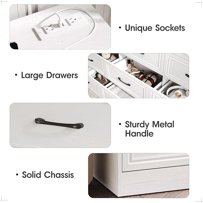 Fameill Dresser for Bedroom, 9 Drawer Wide Dresser Organizer with Charging Station, Tall Dresser for Hallway, Wood Dresser with Metal Handles, Woodgrain White