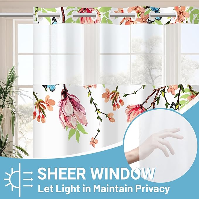 No Hook Shower Curtain with Snap in Liner - Fabric Waterproof Inner Liner, Plants Pink Floral Blue Nature Birds Cloth Shower Curtains Washable, 71 x 74 Inch