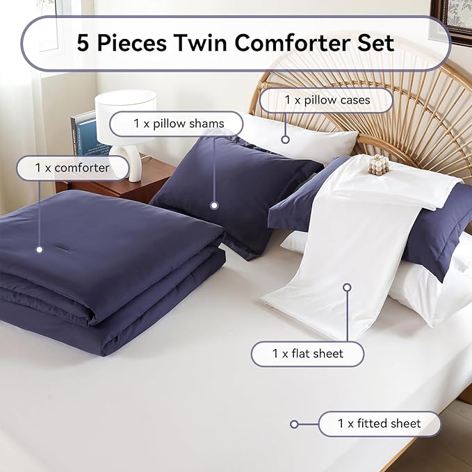 weigelia Twin Comforter Set Microfiber 5 Pieces Navy Blue Twin Bedding Set All Season Soft Lightweight Comforter Set Bed in a Bag Twin Set with Comforters, Flat & Fitted Sheets, Pillowcases & Shams