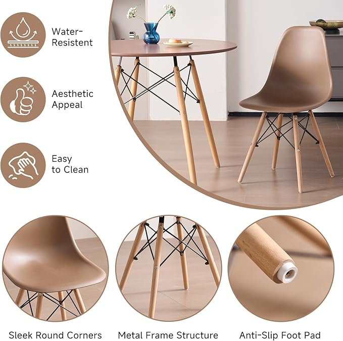 31.5'' 5 Piece Round Dining Table Set for 4, Mid-Century Modern Table with Chairs, Space Saving, Plastic Seats, Wood Legs, Circle Dinner Table for Kitchen, Home, Apartment, Brown