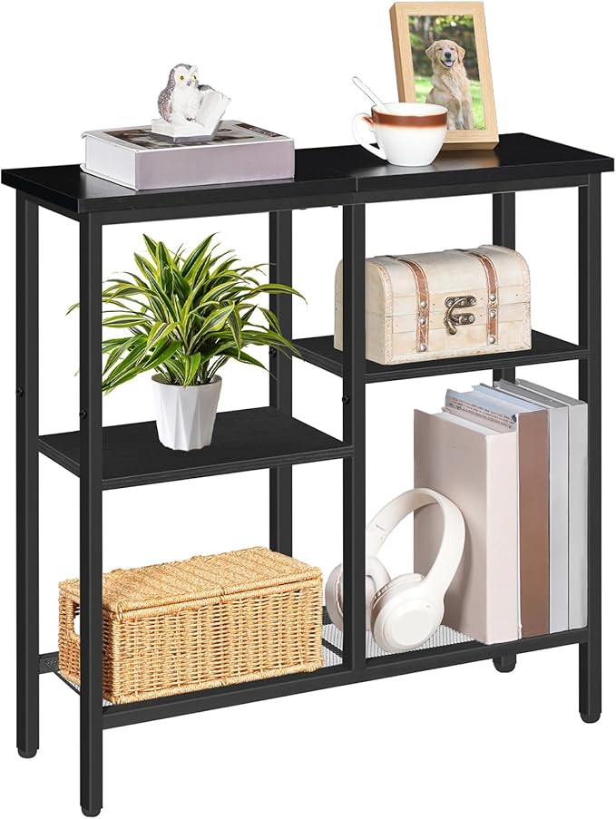 HOOBRO Narrow Console Table, Sofa Table, 4-Tier Industrial Hallway Table with Metal Mesh Shelf, Entryway Table with Adjustable Feet, for Entryway, Living Room, Hallway, Black BB79XG01