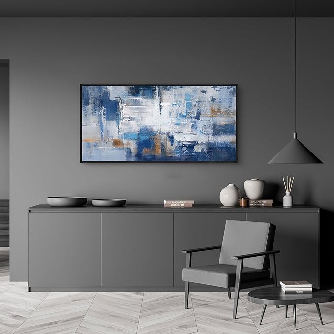 KLAKLA Blue Abstract Canvas Wall Art - Black Frame Artwork Picture Living Room Wall Decor Modern Paintings Large Wall Art for Bedroom Home Decoration