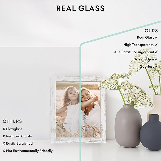 6x9 Picture Frame with Glass, Display Pictures 5x8 with Mat or 6 x 9 without Mat - Wall and Tabletop, 6 by 9 Photo Wooden Frames (Distressed White, 1 Pack)