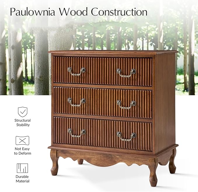 HULALA HOME Transitional Side Table with 3 Drawers and Charging Station, 28" Solid Paulownia Wood Sidetable with Vertical Stripe, Cherry