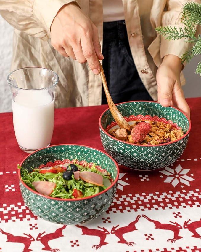 HASENSE Cereal Bowls Set of 6, 20 oz Christmas Ceramic Soup Bowls, Small Serving Dishes Set for Kitchen, Ideal for Salad, Pasta, Oatmeal, Ramen, Fruit, Dishwasher & Microwave Safe