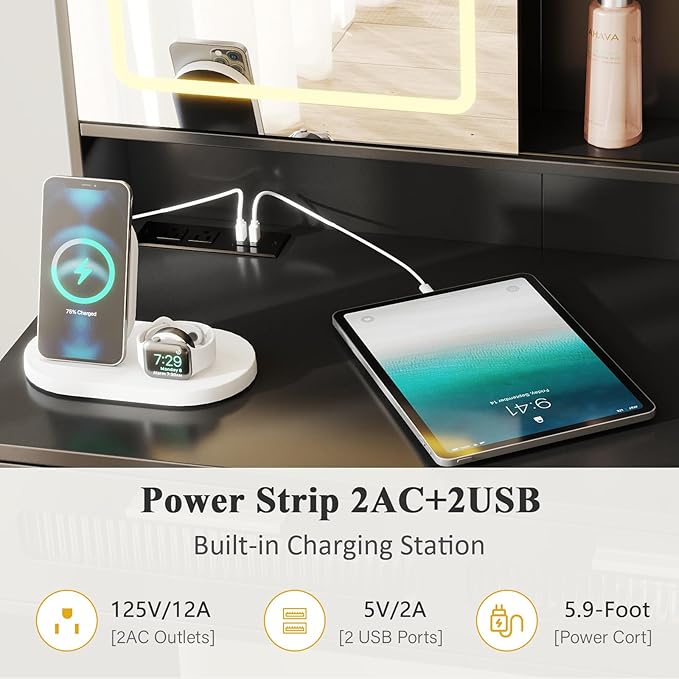 Hadulcet Makeup Vanity Desk with LED Lights Mirror, 43" Black Vanity Desk with Mirror and Lights, Sliding Mirror & RGB Drawers, Power Outlet, Dressing Table for Women Girls Bedroom