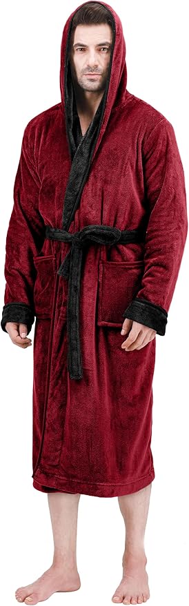 NY Threads Mens Robe with Hood, Luxury Plush Fleece Hooded Mens Bathrobe, Spa Bath Robe for Men