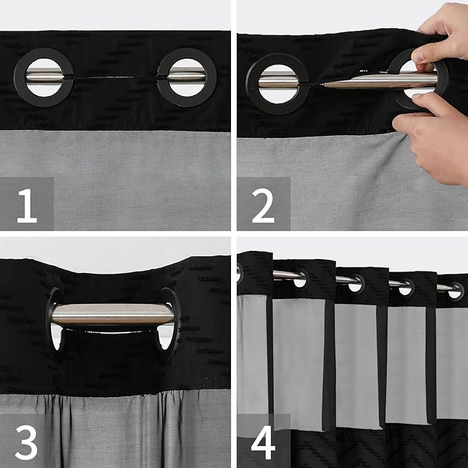 Extra Long No Hook Tufted Chevron Striped Shower Curtain with Snap-in Fabric Liner set-71Wx98H(96H),Tall Hotel Grade Boho Style Shower Curtain,Water Repellent,Black