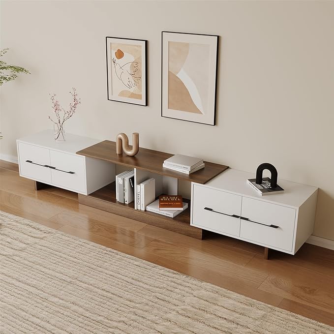 Extendable TV Stand, Modern TV Console with 4 Large Drawers and Adjustable Shelves, Entertainment Center Fits Up to 120" TV, Media Console for Living Room, Walnut & White (Extendable 74.8"-102.3")