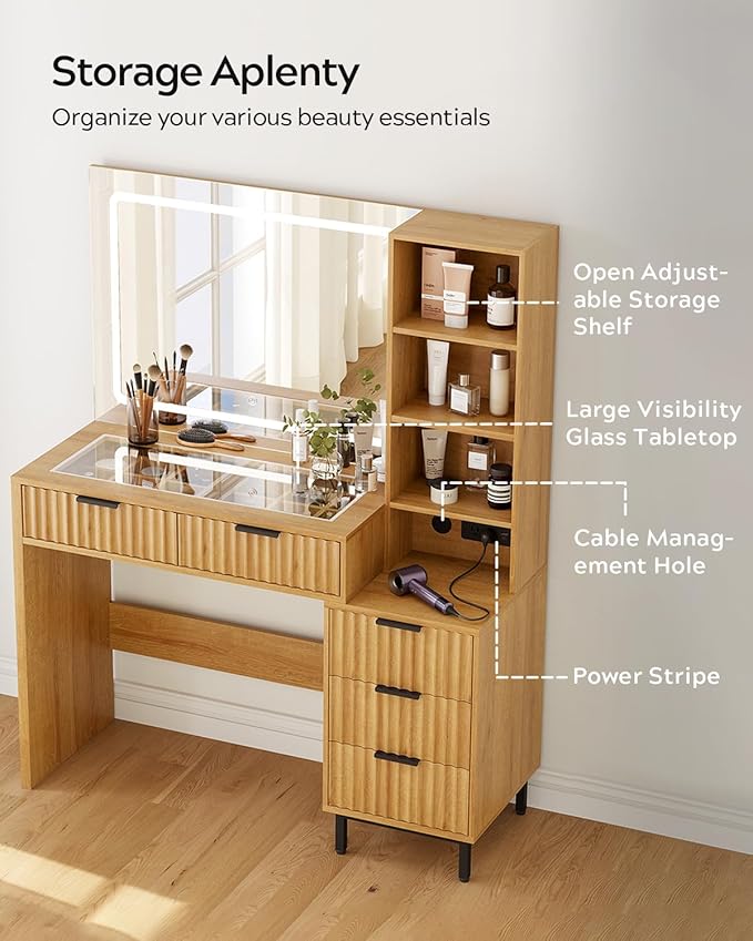 Fluted Vanity Desk with Large Mirror and Lights, Modern Wood Makeup Vanity Desk with Glass Top, Charging Station, 5 Drawers Adjustable Open Shelves, Dressing Table Set for Bedroom, Natural Oak