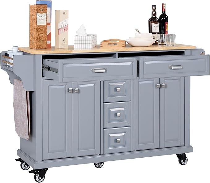 Generic 60.5"" Kitchen Island on Wheels, Rolling Island Table for Kitchen with Double Storage Cabinet and 5 Drawers, Portable Kitchen Cart with Rubber Wood Top, Grey, Large