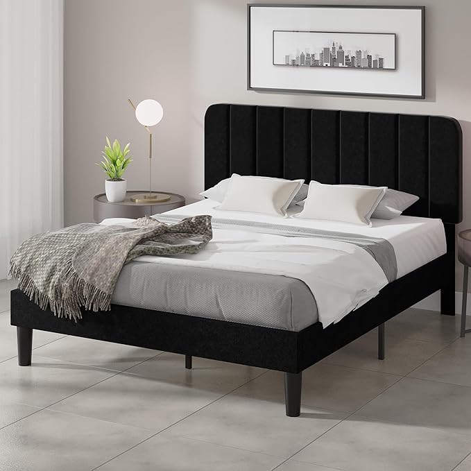 VECELO Queen Size Bed Frame with Upholstered Headboard, Velvet Platform Bedframe Mattress Foundation, Strong Wood Slat Support, No Box Spring Needed,Black