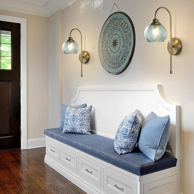 KCO Lighting Vintage Green Glass Wall Light with Brushed Brass Arm - Large Globe Sconce, Gold Finish - Mid Century Modern, Unique Bathroom Wall Lamps