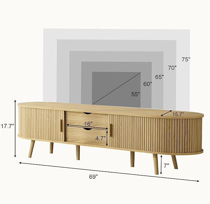 69" Fluted TV Stand, Mid Century Modern TV Stand Fits TVs Up to 75", Wood Entertainment Center for Living Room, Farmhouse TV and Media Console Table with Storage, Curved Edge and Sliding Door, Oak
