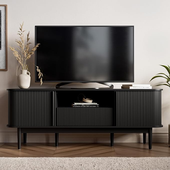 63" Black TV Stand, Fluted Entertainment Center for TVs up to 70'', Modern TV Stand with Storage, Entertainment Center with Sliding Doors, Wood Media Console for Bedroom, Living Room