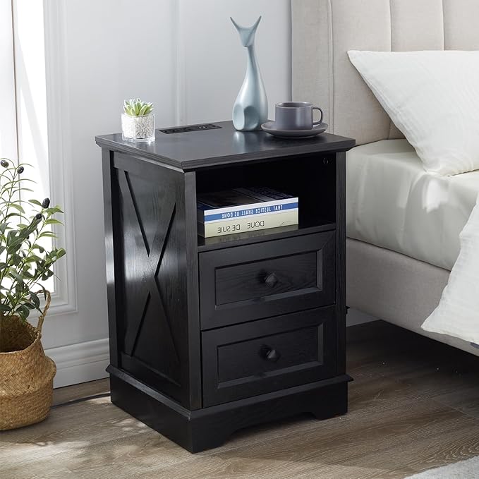 Farmhouse 2 Drawers Dresser for Bedroom, Rustic Small Chest of Drawers with Charging Station, Wood End Table with Open Shelf, Black Modern Nightstand for Bedroom, Living Room, Entryway