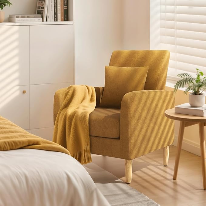 Magshion Mid-Century Accent Chair for Living Room, Comfy Reading Chair for Bedroom, Upholstered Linen Fabric Armchair Single Sofa with Back Pillow & Wood Legs, 300 lbs Capacity, Yellow