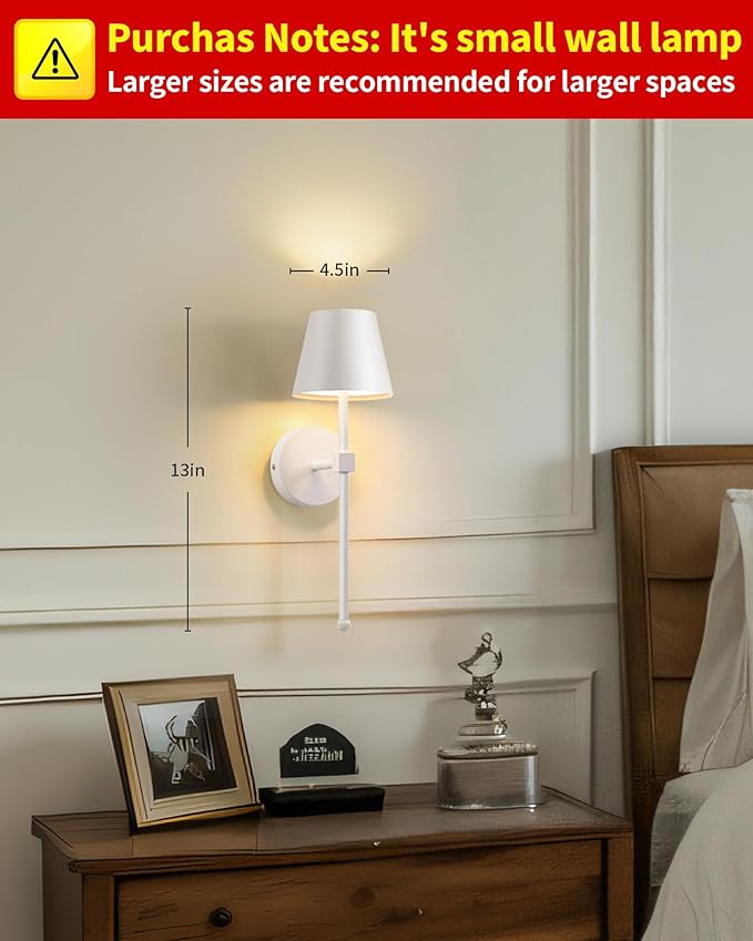 KDG Wireless Wall Sconces Set of 2, Small Cordless 5200mAh Rechargeable Battery LED Wall Lamps, Stepless Dimming Lightings for Wall Painting, Living Room, Bedroom, Hallway, Gifts, Night Light (White)