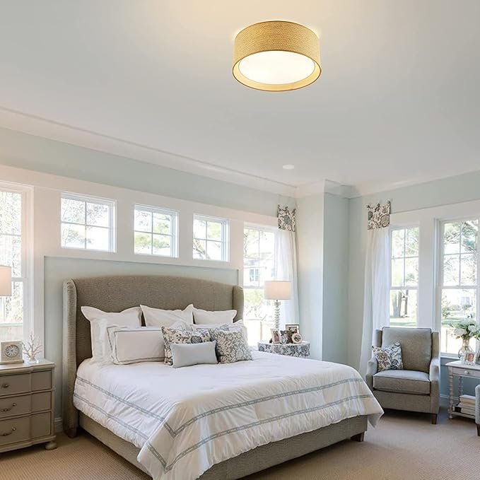 WINGBO 20" Modern 5-Light Flush Mount Ceiling Light Fixture with Fabric & Acrylic Double Drum Shade for Bedroom Living Room Dining Room Hallway Entryway, Flaxen