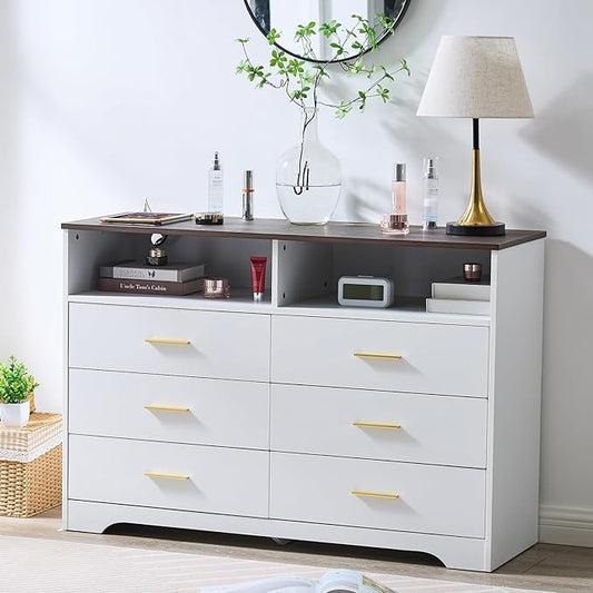 LIDYUK White Dresser for Bedroom, 6 Drawer Dressers & Chests of Drawers, Modern Wood Dresser with Charging Station and LED Lights, 48 Inches Wide Chest of Drawers for Bedroom, Hallway, Living Room