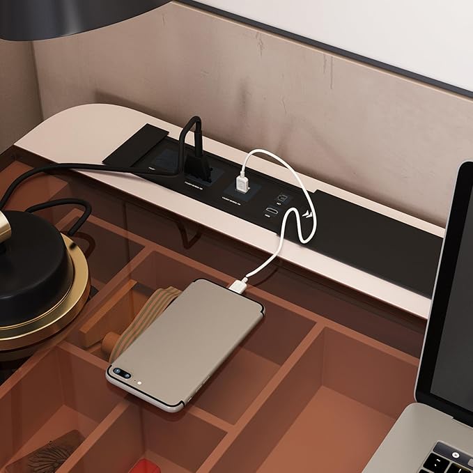 Lartis Home Office Desk Computer Desk Pale Pink Writing Desk - Makeup Vanity no Mirror Intelligent Socket with USB Port Compartmentalized Storage