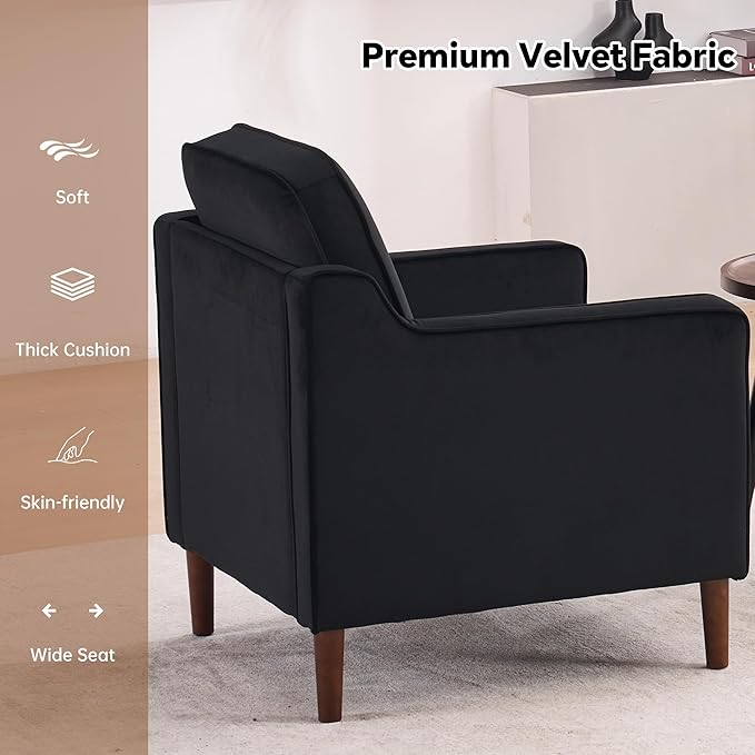 Mid Century Modern Accent Chair, Upholstered Reading Armchair for Living Room, Velvet Comfy Sofa Chair with Wood Legs for Bedroom, Office, Waiting Room, Black