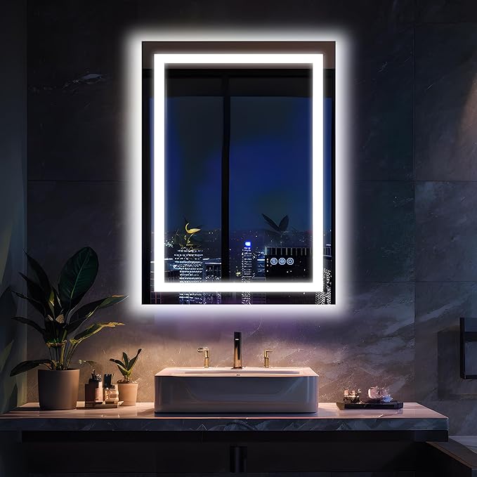 Antok 28"x 20" LED Bathroom Mirror with Lights, Anti-Fog, Dimmable, Lighted Vanity Mirror with Tempered Glass, Memory Function, 11 Light Modes, Safe Use, Horizontal, Vertical